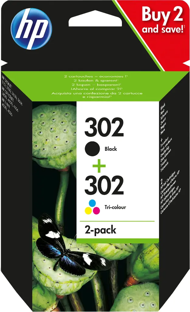 [X4D37AE] Pack de 2 cartouches d'encre noire/3 couleurs authentiques HP 302