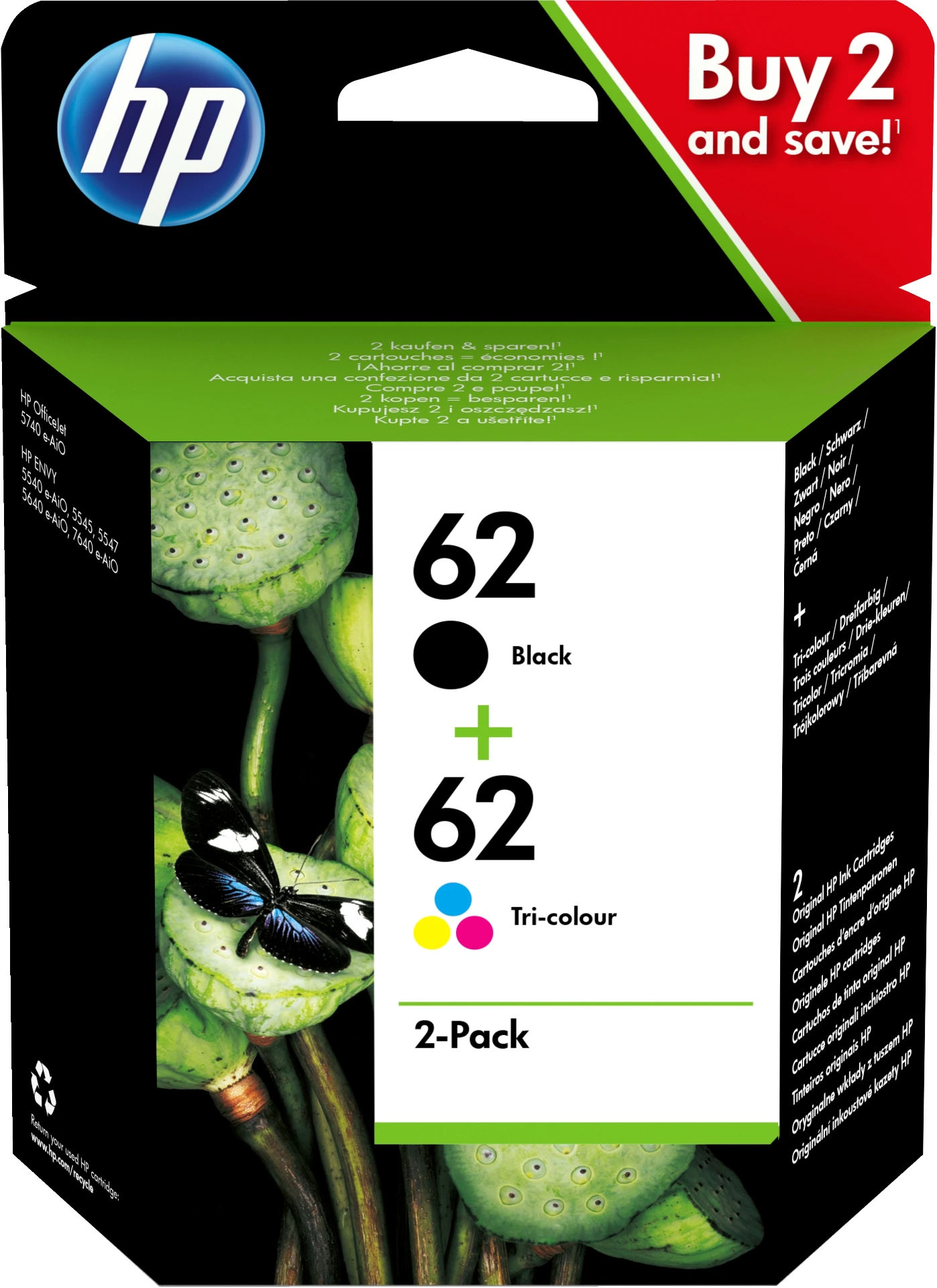 HP 62 pack de 2 cartouches authentiques d'encre noire / trois couleurs