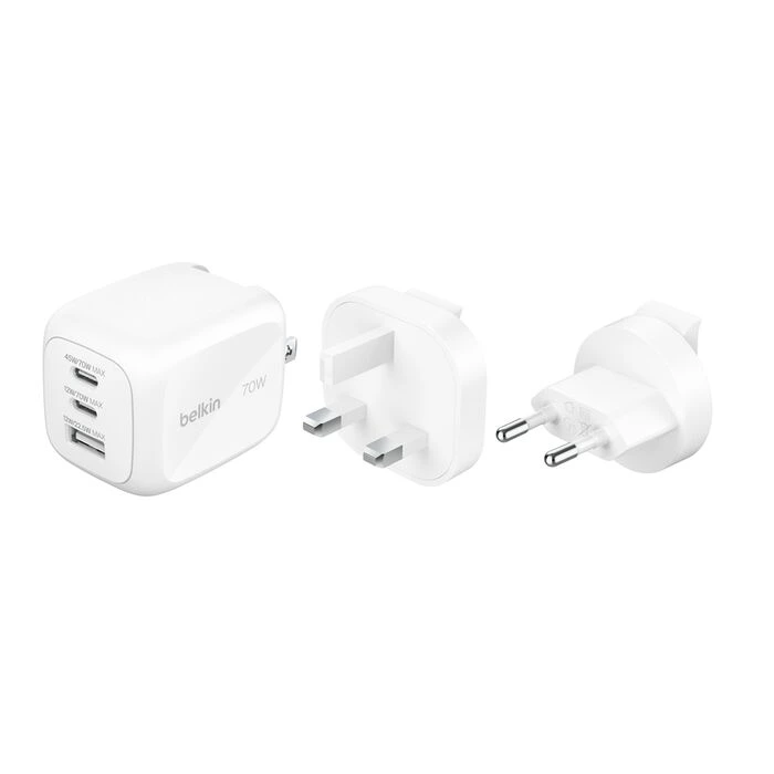 [WCH018hqWH] Belkin BoostCharge Pro - Chargeur secteur GaN 3 ports (70 W) + kit de voyage